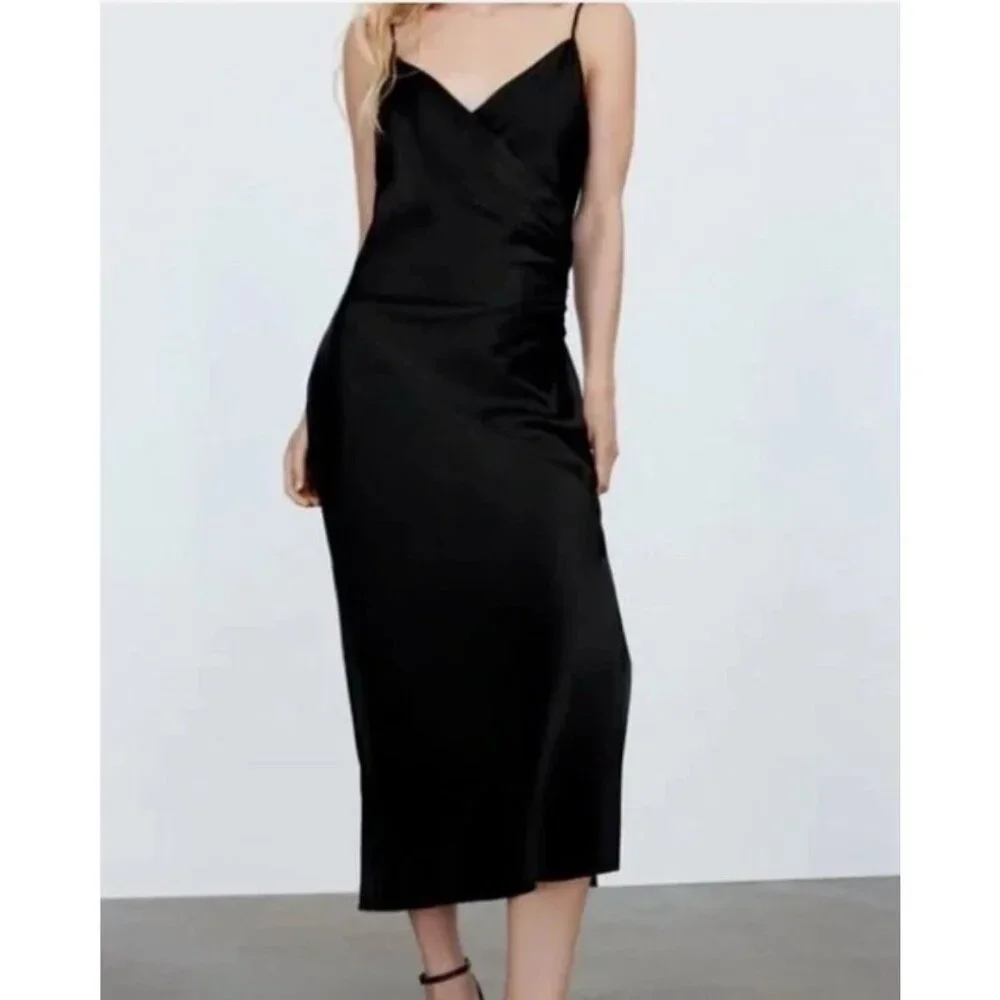 Zara Side Ruched Midi Slip Dress Satin Effect Black Straps Sleek Party Small - Picture 2 of 16